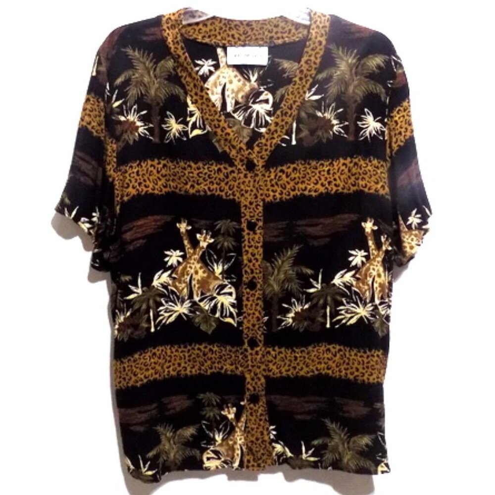 California Krush Women’s Safari Animal Print Button Up Short Sleeve Top -Size XL